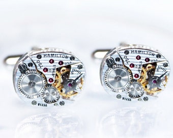 HAMILTON Steampunk Cufflinks -PINSTRIPE ETCHED 100% Matching Vintage Silver Watch Movement Steampunk Cufflinks Men Cuff Links Wedding Gift