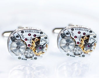 HAMILTON Steampunk Cufflinks -PINSTRIPE ETCHED 100% Matching Vintage Silver Watch Movement Steampunk Cufflinks Men Cuff Links Valentines Day