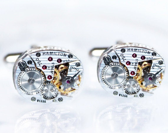 HAMILTON Steampunk Cufflinks -PINSTRIPE ETCHED 100% Matching Vintage Silver Watch Movement Steampunk Cufflinks Men Cuff Links Wedding Gift