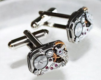 GIRARD PERREGAUX Steampunk Cufflinks - RARE Swiss Matching Silver Vintage Watch Movement Men Steampunk Cufflinks Cuff Links Men Wedding Gift