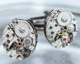 TISSOT Steampunk Cufflinks - Amazing Swiss TEXTURED Vintage Watch Silver Movement Men Steampunk Cufflinks Wedding Gift Groomsmen Cufflinks