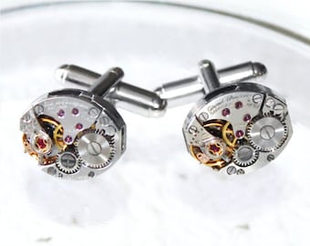 GIRARD PERREGAUX Steampunk Watch Cufflinks -Prestigioso movimiento de reloj de plata vintage suizo hombres Steampunk Cufflinks hombres regalo de boda para él