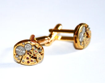 Padrinos de boda Regalo para hombres - BULOVA Vintage Watch Movimiento Gemelos de oro - Steampunk Watch Cufflinks Men Cuff Links Groom Wedding Gift for Men