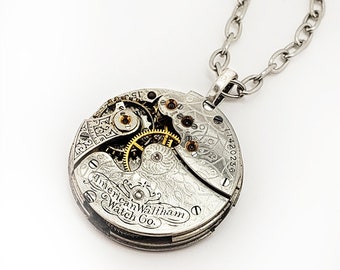 Steampunk Necklace - 120+ Years Old Antique Waltham Pocket Watch Movement Necklace GUILLOCHE Pocket Watch Necklace Wedding Gift for Men