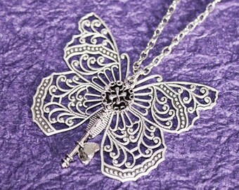 Gateway to the Fantasy Steampunk Necklace - Silver Butterfly Key Steampunk Necklace - Butterfly Necklace Wedding Gift for Her