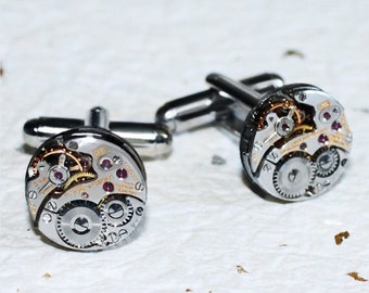 LONGINES Men Steampunk Cufflinks - Rare Swiss Silver Tone Vintage Watch Movement Men Steampunk Cufflinks Cuff Links Groom Gift Wedding Gift