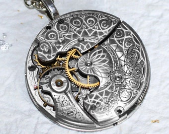 Steampunk Necklace -Spectacular 100+ Yrs Old Antique Pocket Watch Movement Silver GUILLOCHE ETCHED Men Steampunk Necklace Men Wedding Gift