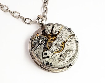 Steampunk Necklace Jewelry - IMPRESSIVE Guilloche ETCHED Silver Tone Antique Pocket Watch Movement - Men Steampunk Necklace Men Wedding Gift