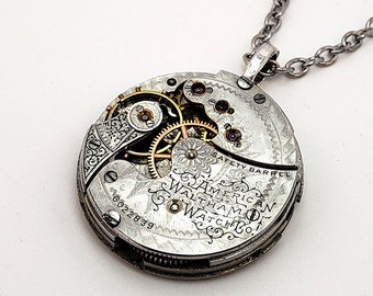 Steampunk Necklace -130+ Yrs Old Waltham ETCHED Vintage Pocket Watch Movement Pendant Watch Necklace Antique Jewelry Wedding Gift