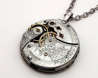 Steampunk Necklace -130 Yrs Old Waltham ETCHED Vintage Pocket Watch Movement Pendant Watch Necklace Antique Jewelry Father's Day Gift