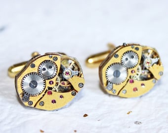 SALE BULOVA Steampunk Cufflinks - Matching Gold PETITE Vintage Jeweled Watch Movement - Men Jewelry Gift Men Cufflinks Wedding Gift for Him