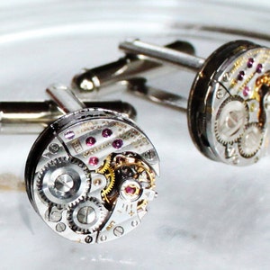 LONGINES Steampunk Cufflinks: Swiss Silver PINSTRIPE Vintage Watch Movement Men Steampunk Cufflinks Cuff Link Men Groom Wedding Gift