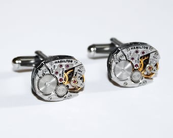 Valentines Day Sale Groomsmen Gift for Men - HAMILTON Steampunk Cufflinks Striking Pinstripe Vintage Watch Movement Cufflinks