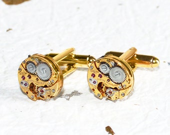 GIRARD PERREGAUX Steampunk Cufflinks: Very RARE Gold Swiss Vintage Watch Movement Men Steampunk Cufflinks Cuff Links Wedding Gift for Him