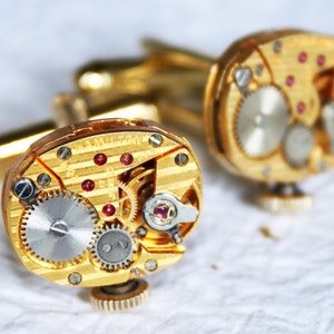 HAMILTON Steampunk Cufflinks Exotic GOLD PINSTRIPE Vintage Watch Movement Matching Men Steampunk Cufflinks Cuff Links Wedding Gift for Him image 2