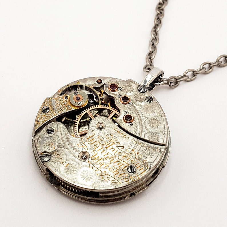 Steampunk Necklace RARE 131 yrs old Silver Guilloche Etched Antique Pocket Watch Movement Men Steampunk Necklace Jewelry Father's Day Gift image 1
