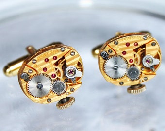 HAMILTON Steampunk Cufflinks -Exotic GOLD PINSTRIPE Vintage Watch Movement Matching Men Steampunk Cufflinks Cuff Links Wedding Gift for Him