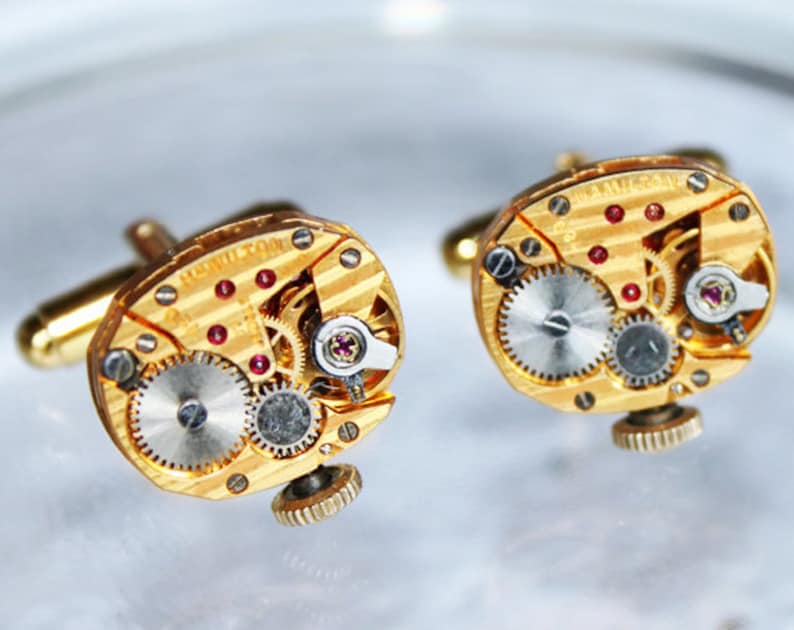 HAMILTON Steampunk Cufflinks Exotic GOLD PINSTRIPE Vintage Watch Movement Matching Men Steampunk Cufflinks Cuff Links Wedding Gift for Him image 1