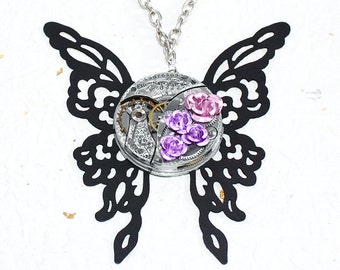 Butterfly Steampunk Necklace - Guilloche Etched Elgin Silver Antique Pocket Watch Movement - Purple Rose Black Butterfly Steampunk Necklace