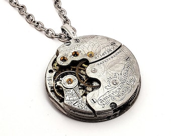 Steampunk Necklace – 124 Yrs Old Waltham GUILLOCHE Watch Movement Pocket Watch Necklace Vintage Antique Jewelry Men Wedding Gift