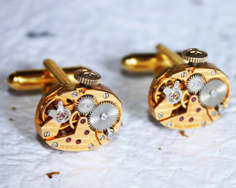 HAMILTON Steampunk Cufflinks Exotic GOLD PINSTRIPE Vintage Watch Movement Matching Men Steampunk Cufflinks Cuff Links Wedding Gift for Him image 3