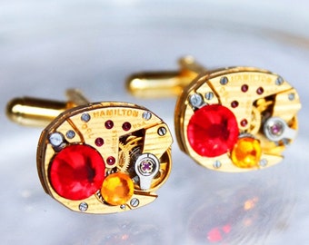 Sale HAMILTON Men Steampunk Cufflinks - PINSTRIPE Gold Matching Watch Movement Red Premium Crystal Steampunk Cufflinks Men Groom Gift
