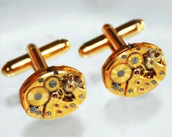 BULOVA Men Steampunk Cufflinks: RARE 17 Jewels Gold Vintage Watch Movement Matching Men Steampunk Cufflinks Cuff Links Wedding Gift