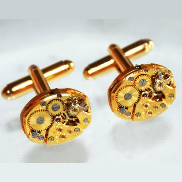 BULOVA Men Steampunk Cufflinks: RARE 17 Jewels Gold Vintage Watch Movement Matching Men Steampunk Cufflinks Cuff Links Wedding Gift
