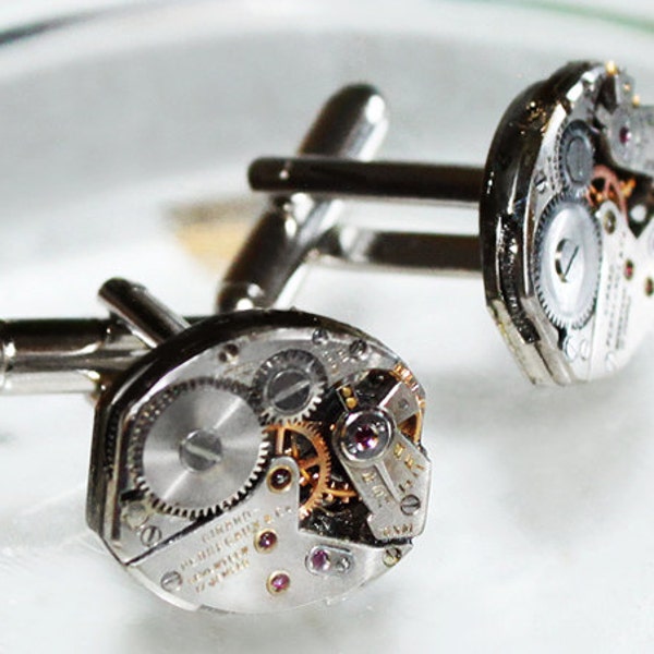 GIRARD PERREGAUX Men Steampunk Cufflinks - Rare Prestige Silver Swiss Vintage Watch Movement Men Steampunk Cufflinks Cuff Links Wedding Gift