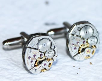 Steampunk Cufflinks BULOVA - Petite Oval Vintage Silver 17 Rubies Watch Movement - 100% Matching Men Steampunk Cufflinks / Cuff Links Gift