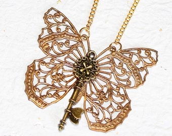 Gateway to the Ancient Myth Steampunk Necklace - Butterfly Key Steampunk Necklace  - Butterfly Necklace Gift For Her