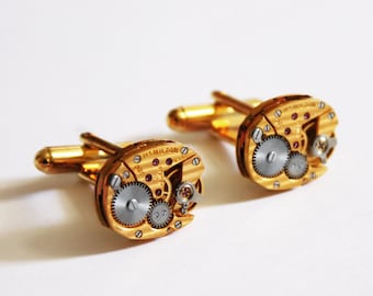 Wedding Gift for Him - HAMILTON Steampunk Watch Cufflinks - Gold Pinstripe Vintage Watch Movement Groomsmen Gift for Him