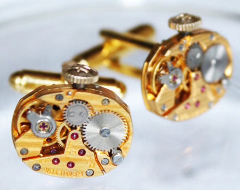 HAMILTON Steampunk Cufflinks Exotic GOLD PINSTRIPE Vintage Watch Movement Matching Men Steampunk Cufflinks Cuff Links Wedding Gift for Him image 5