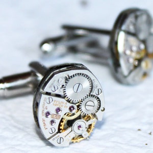 Steampunk Cufflinks BULOVA Petite Oval Vintage Silver 17 Rubies Watch Movement 100% Matching Men Steampunk Cufflinks / Cuff Links Gift image 2