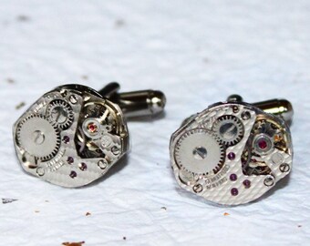 Steampunk Cufflinks -Matching Damaskeening Silver Vintage Swiss Watch Movement Men Steampunk Cufflinks Cuff Links Men Wedding Gift for Him