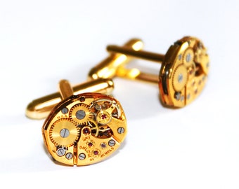 Regalo para hombres - Gemelos de reloj BULOVA para hombres - Movimiento de reloj vintage a juego - Gemelos Steampunk Gemelos de oro Puños Puños Regalo de boda para hombres