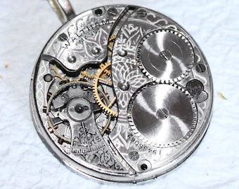 Steampunk Necklace: Incredible 114 Yrs Old Spade Guilloche Etched Waltham Antique Pocket Watch Movement - Silver Men Steampunk Necklace Gift