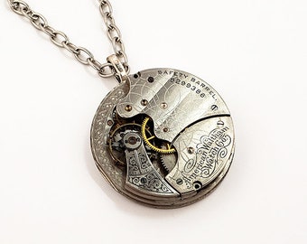 Father's Day Gift Steampunk Necklace -110 Years Old Antique Waltham Pocket Watch Movement Necklace - GUILLOCHE Pocket Watch Necklace Gift