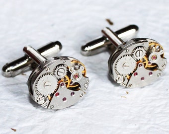 Wedding Gift for Him Steampunk Cufflinks - PINSTRIPE Silver Vintage Watch Movement Men Steampunk Cufflinks Cuff Links Wedding Gift for Him