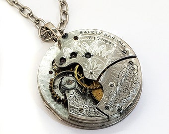 Steampunk Necklace -128 Yrs Old Antique Waltham Pocket Watch Movement Necklace GUILLOCHE Pocket Watch Necklace Father's Day Gift for Him