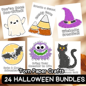 Könnte beinhalten: Eine Sammlung von Halloween-Basteldesigns. Die Bilder zeigen einen Geist, Zuckermais, einen Hexenhut, eine Fledermaus, ein Monster und eine schwarze Katze. Der Text enthält Sätze wie "You've Been Boo-tified!" und "24 HALLOWEEN BUNDLES."