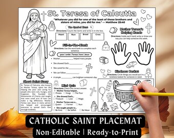 St. Teresa of Calcutta Activity Placemat Kids Catholic Saint Coloring Page September Feast Bible Craft Mother Teresa Worksheet Printable Mat