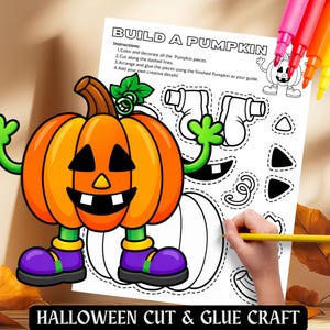 May include: A printable activity sheet titled BUILD A PUMPKIN with instructions and black and white outlines of pumpkin parts. A coloured-in cartoon pumpkin character with orange skin, green arms, and purple shoes is displayed on the page.