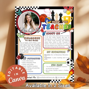 May include: A colorful poster with the text "Meet the Teacher" and a photo of Ms. Smith. The poster includes information about her favorites, education, and a fun fact. The poster is available in two sizes.