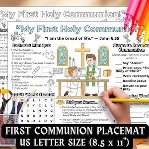 May include: A First Communion placemat with a quiz, word search, and instructions. The US Letter size (8.5 x 11 inches) sheet features illustrations of a priest and child, a cross, and bread.