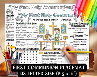 First Holy Communion Activity Placemat Kids Catholic School Coloring Pages Communion Preschool Worksheet Christian Bible Craft Printable CCD