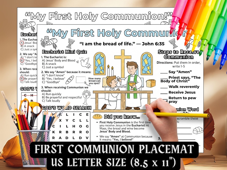First Holy Communion Activity Placemat Kids Catholic School Coloring ...