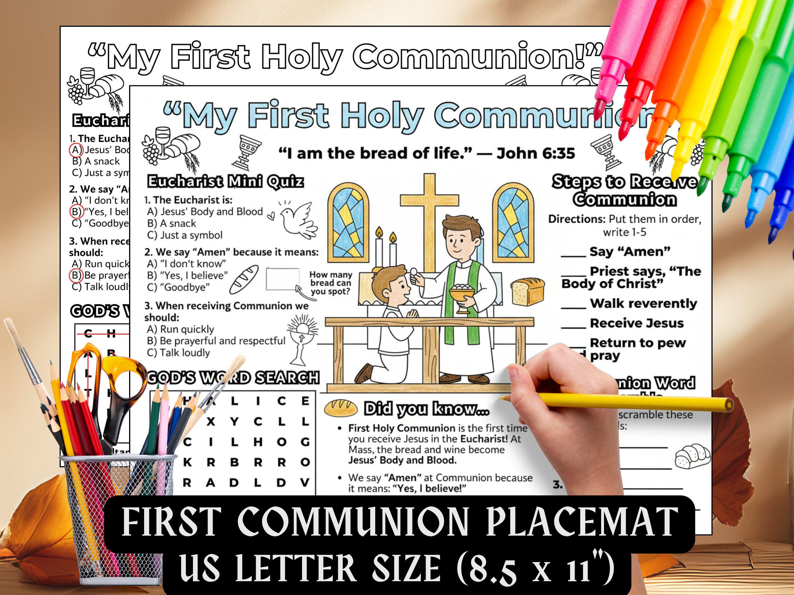 First Holy Communion Activity Placemat Kids Catholic School Coloring ...