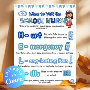 When to Visit Nurse Printable School Nurse Decor Health Office Wall Art Classroom Bulletin Board Idea School Nurse Office Poster Clinic Sign