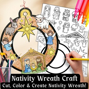 Pode incluir: Um kit de artesanato de grinalda de Natal colorido com um design circular, apresentando ilustrações de um burro, uma ovelha, um anjo e a Sagrada Família. O kit inclui páginas para colorir e marcadores. O texto na imagem diz "Nativity Wreath Craft Cut, Color & Create Nativity Wreath!"